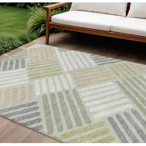 Photo of Artichoke Green Ivory And Gray Geometric Washable Indoor Outdoor Area Rug