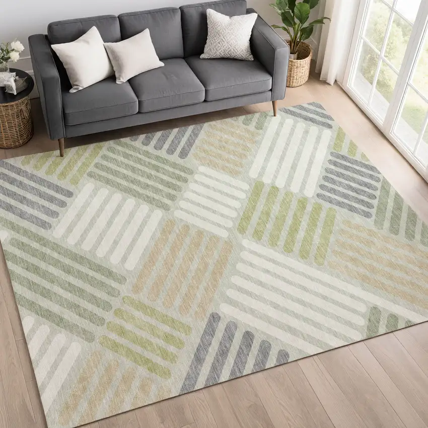 Artichoke Green Ivory And Gray Geometric Washable Indoor Outdoor Area Rug Photo 8