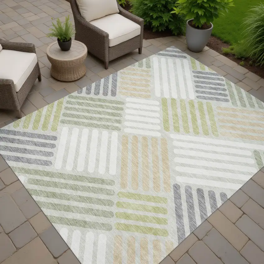 Artichoke Green Ivory And Gray Geometric Washable Indoor Outdoor Area Rug Photo 8