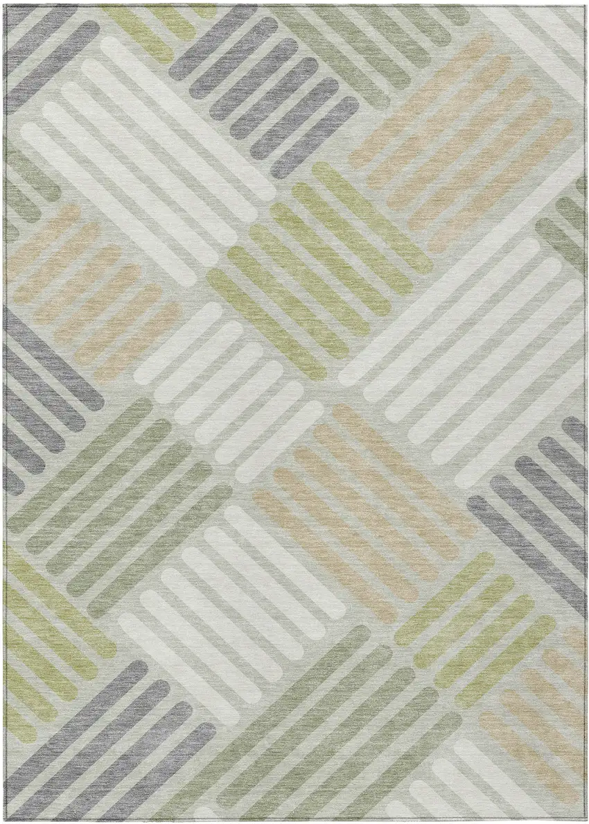 Artichoke Green Ivory And Gray Geometric Washable Indoor Outdoor Area Rug Photo 2