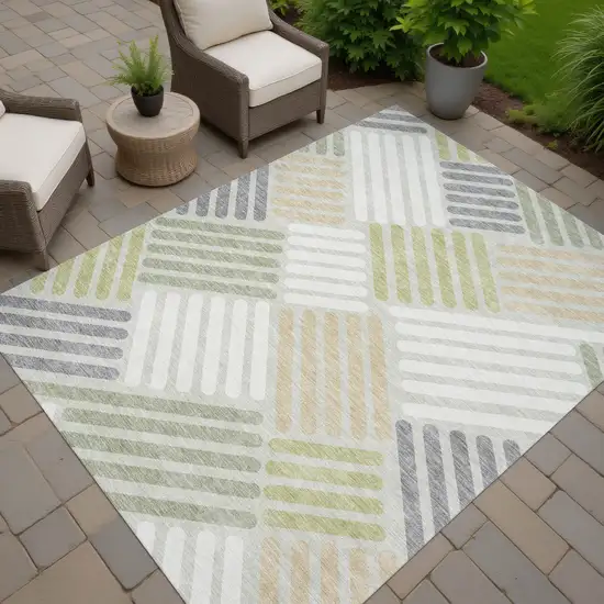 Artichoke Green Ivory And Gray Geometric Washable Indoor Outdoor Area Rug Photo 7