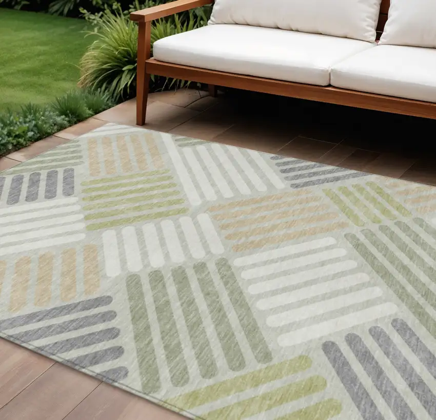 Artichoke Green Ivory And Gray Geometric Washable Indoor Outdoor Area Rug Photo 1