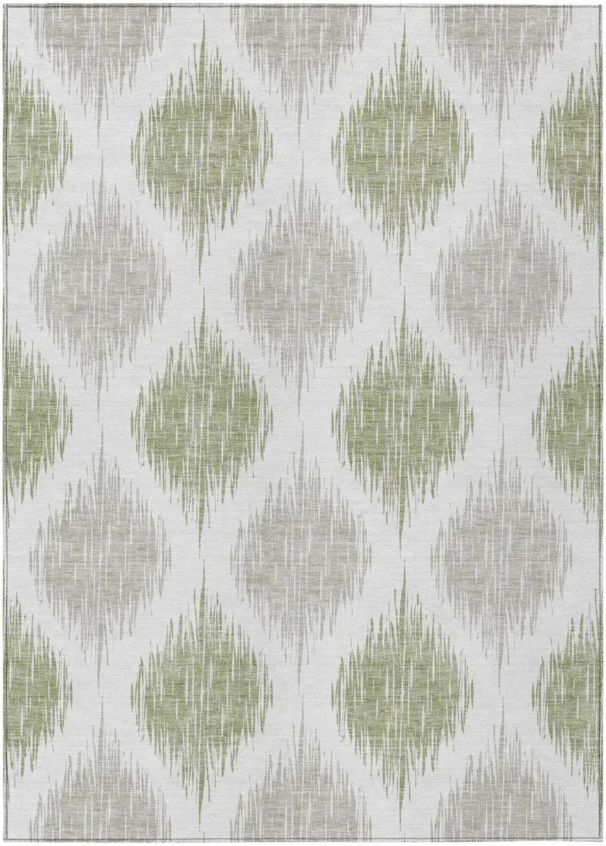 Artichoke Green Ivory And Gray Ikat Washable Indoor Outdoor Area Rug Photo 2