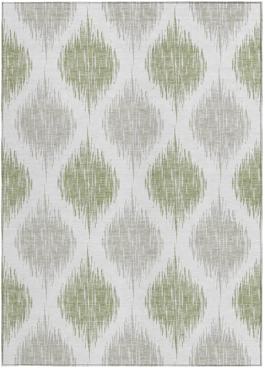 Artichoke Green Ivory And Gray Ikat Washable Indoor Outdoor Area Rug Photo 6
