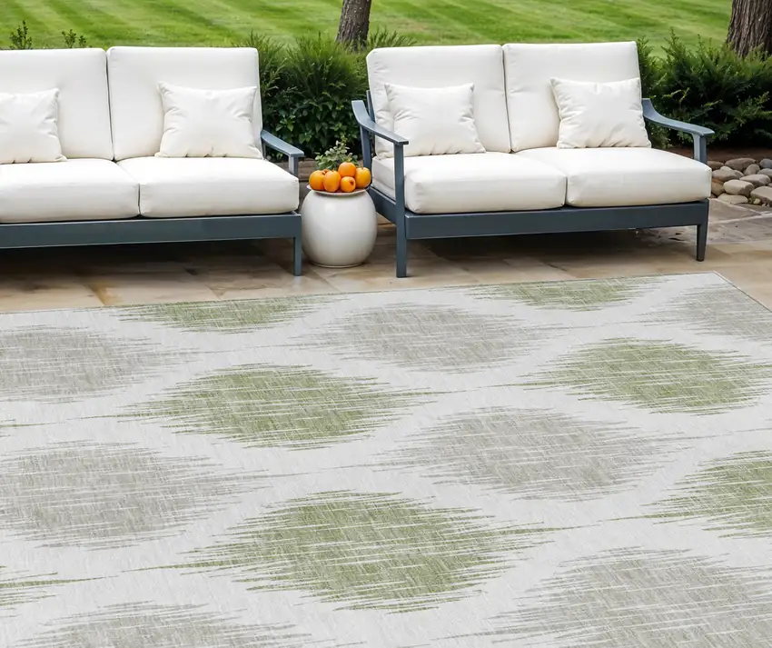 Artichoke Green Ivory And Gray Ikat Washable Indoor Outdoor Area Rug Photo 1