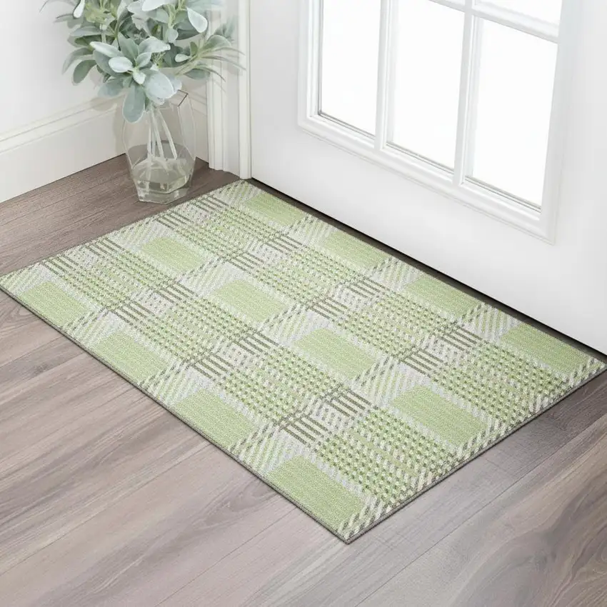 Artichoke Green Ivory And Gray Plaid Washable Area Rug With UV Protection Photo 2