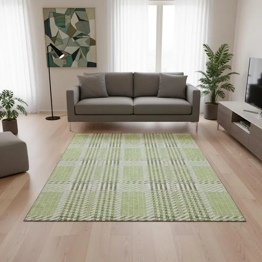 Artichoke Green Ivory And Gray Plaid Washable Area Rug With UV Protection Photo 2