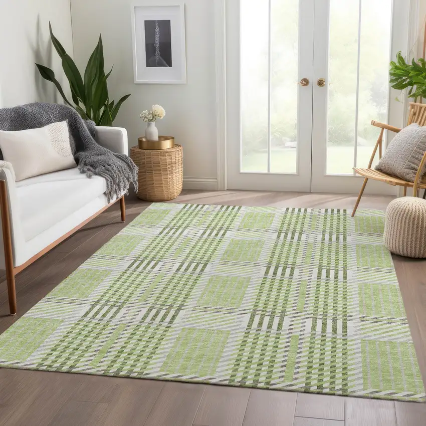 Artichoke Green Ivory And Gray Plaid Washable Area Rug With UV Protection Photo 5