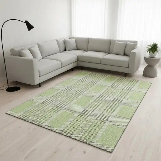 Artichoke Green Ivory And Gray Plaid Washable Area Rug With UV Protection Photo 2