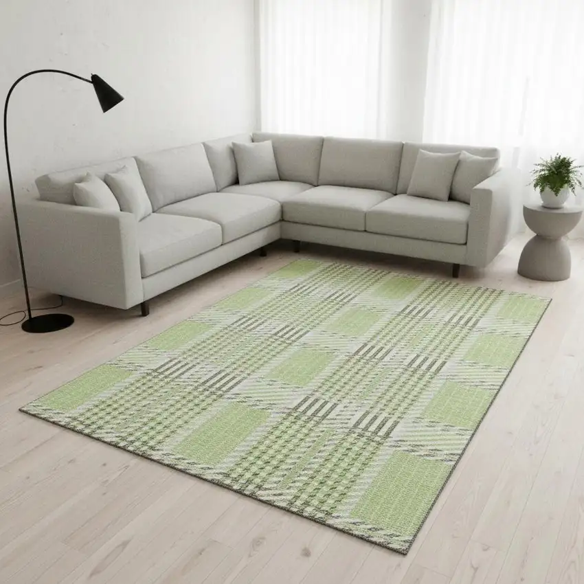 Artichoke Green Ivory And Gray Plaid Washable Area Rug With UV Protection Photo 2