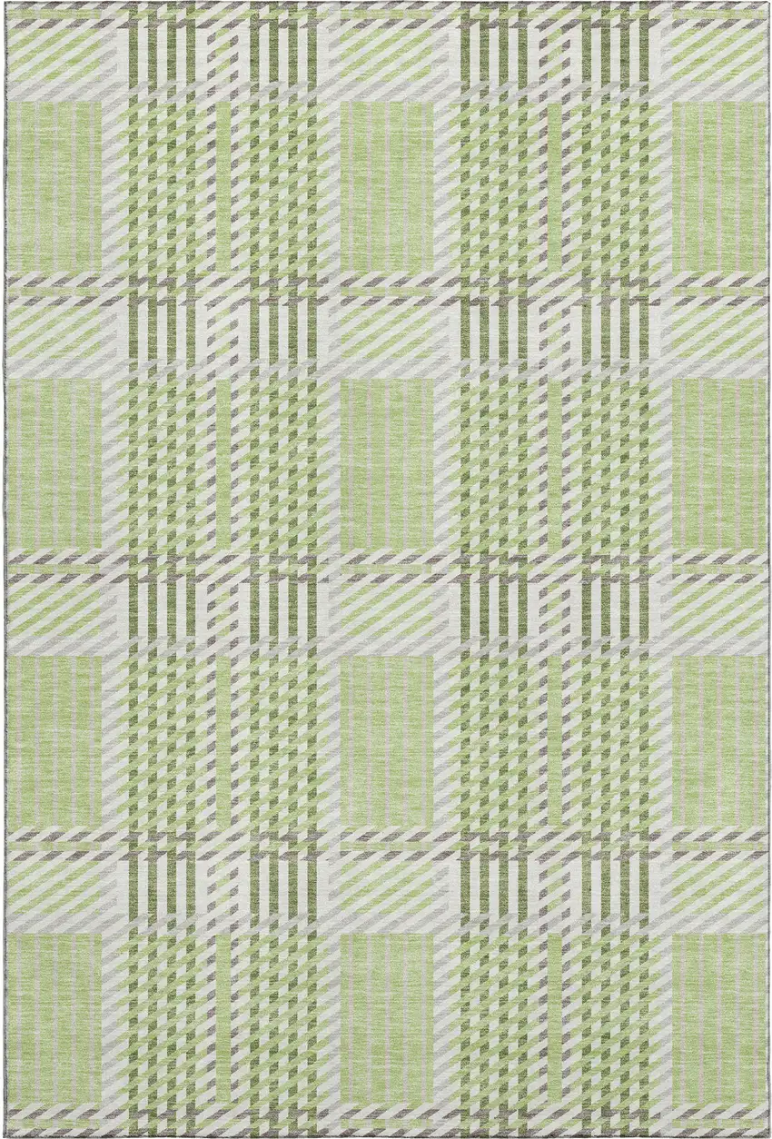 Artichoke Green Ivory And Gray Plaid Washable Area Rug With UV Protection Photo 1