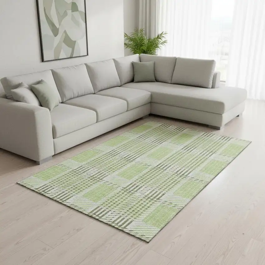Artichoke Green Ivory And Gray Plaid Washable Area Rug With UV Protection Photo 2