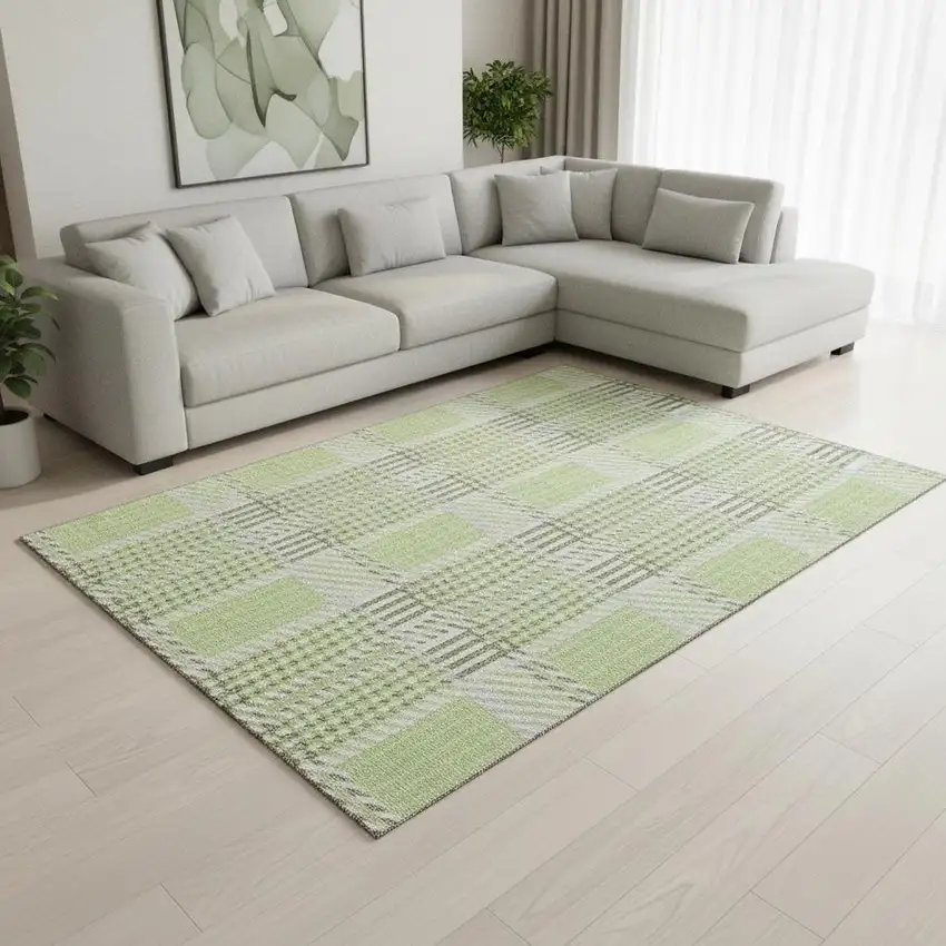Artichoke Green Ivory And Gray Plaid Washable Area Rug With UV Protection Photo 2