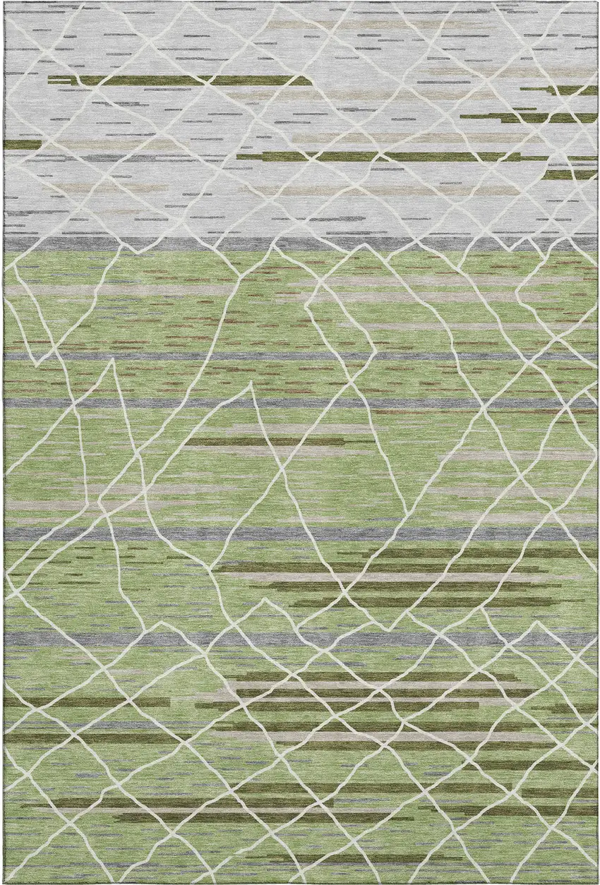 Artichoke Green Ivory And Gray Striped Washable Area Rug With UV Protection Photo 1