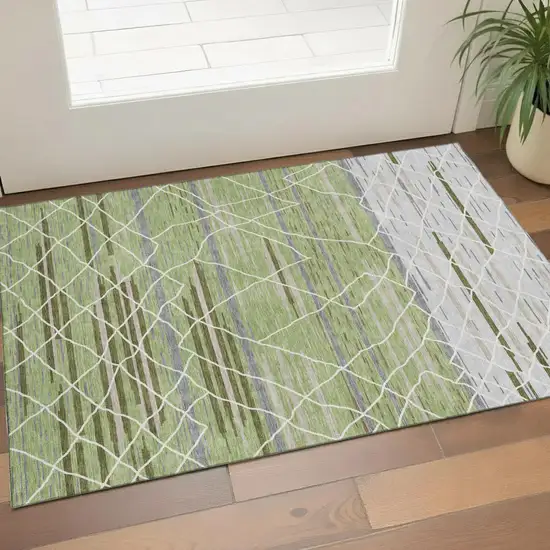 Artichoke Green Ivory And Gray Striped Washable Area Rug With UV Protection Photo 1