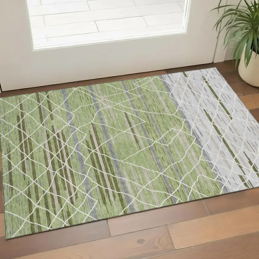 Artichoke Green Ivory And Gray Striped Washable Area Rug With UV Protection Photo 1