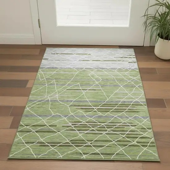 Artichoke Green Ivory And Gray Striped Washable Area Rug With UV Protection Photo 2