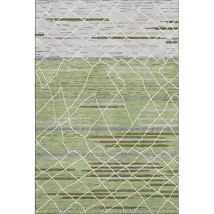 Photo of Artichoke Green Ivory And Gray Striped Washable Area Rug With UV Protection