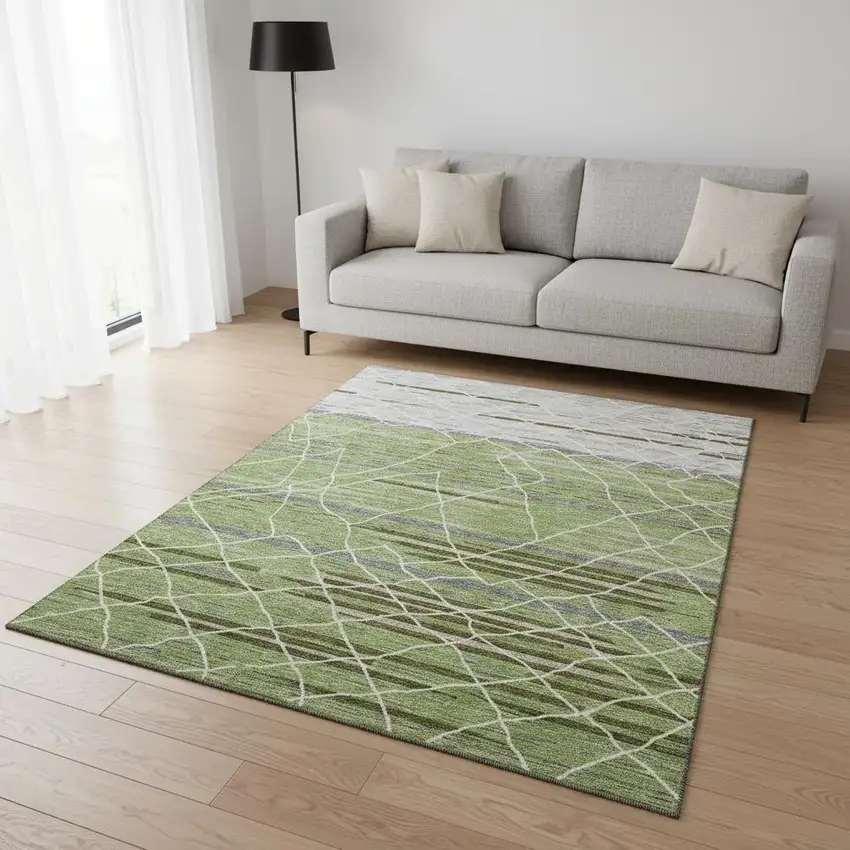 Artichoke Green Ivory And Gray Striped Washable Area Rug With UV Protection Photo 2