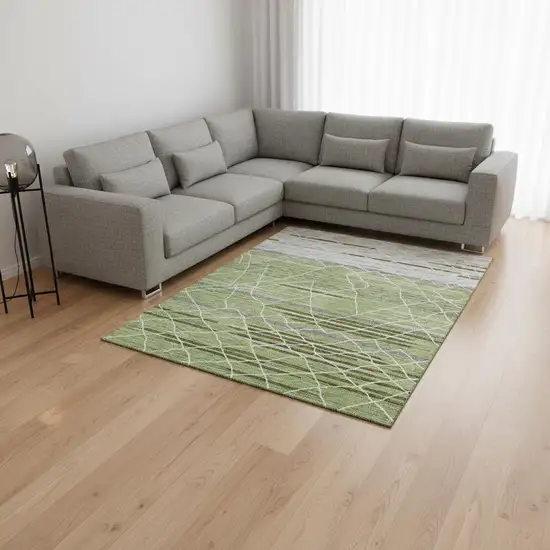 Artichoke Green Ivory And Gray Striped Washable Area Rug With UV Protection Photo 2