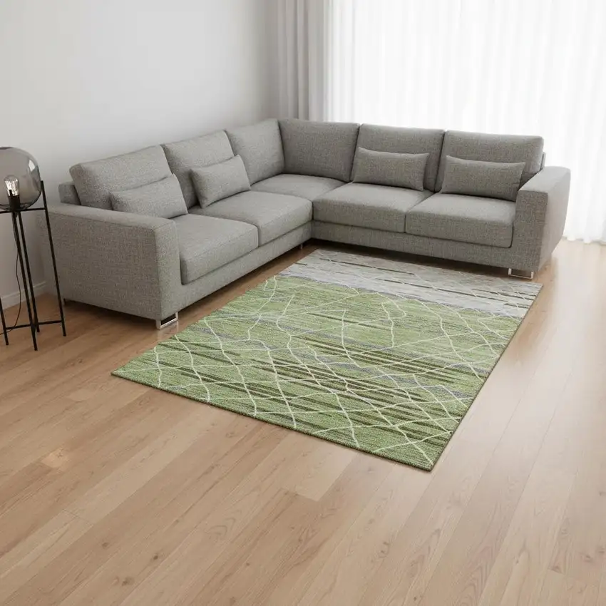 Artichoke Green Ivory And Gray Striped Washable Area Rug With UV Protection Photo 2