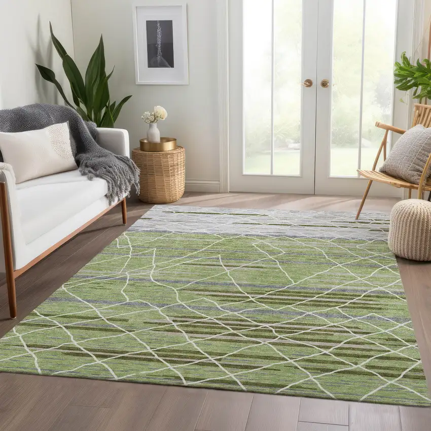 Artichoke Green Ivory And Gray Striped Washable Area Rug With UV Protection Photo 5