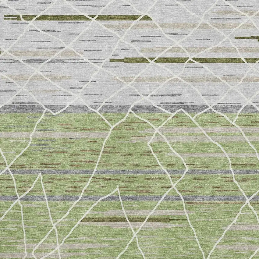 Artichoke Green Ivory And Gray Striped Washable Area Rug With UV Protection Photo 2