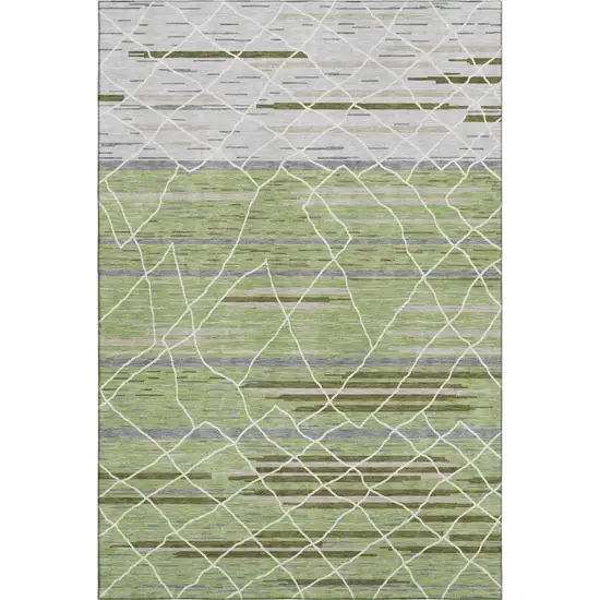 Artichoke Green Ivory And Gray Striped Washable Area Rug With UV Protection Photo 1