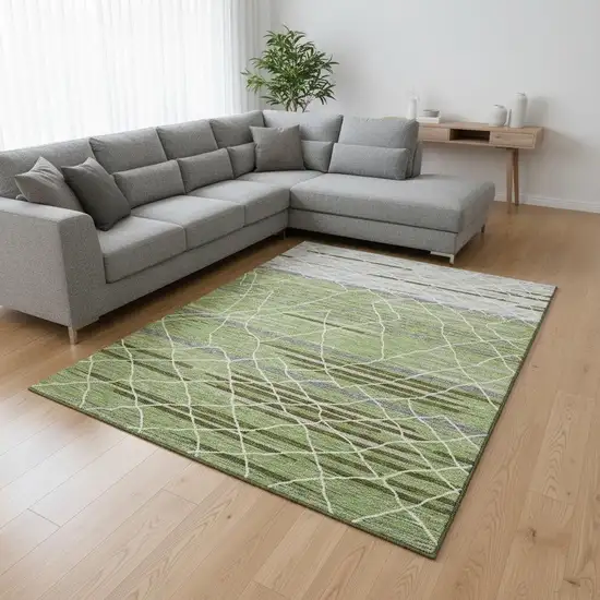 Artichoke Green Ivory And Gray Striped Washable Area Rug With UV Protection Photo 2