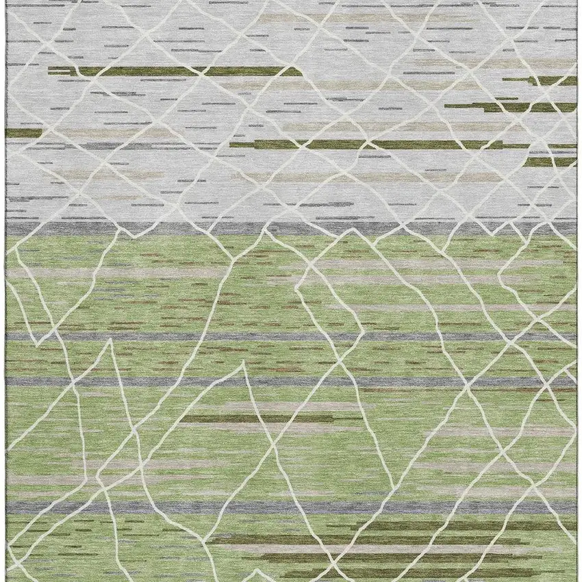 Artichoke Green Ivory And Gray Striped Washable Area Rug With UV Protection Photo 2