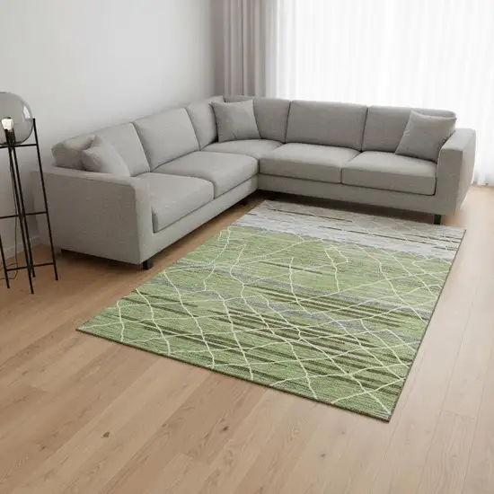 Artichoke Green Ivory And Gray Striped Washable Area Rug With UV Protection Photo 2