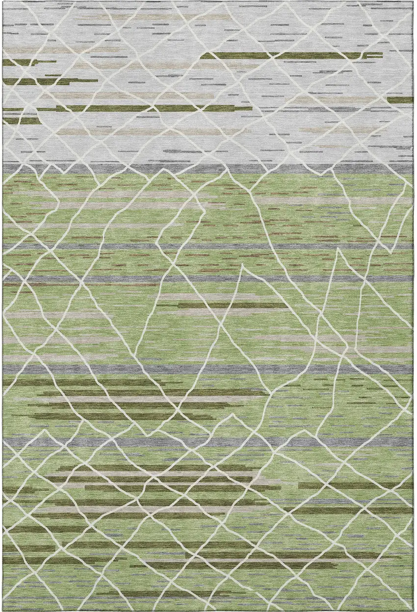 Artichoke Green Ivory And Gray Striped Washable Area Rug With UV Protection Photo 3