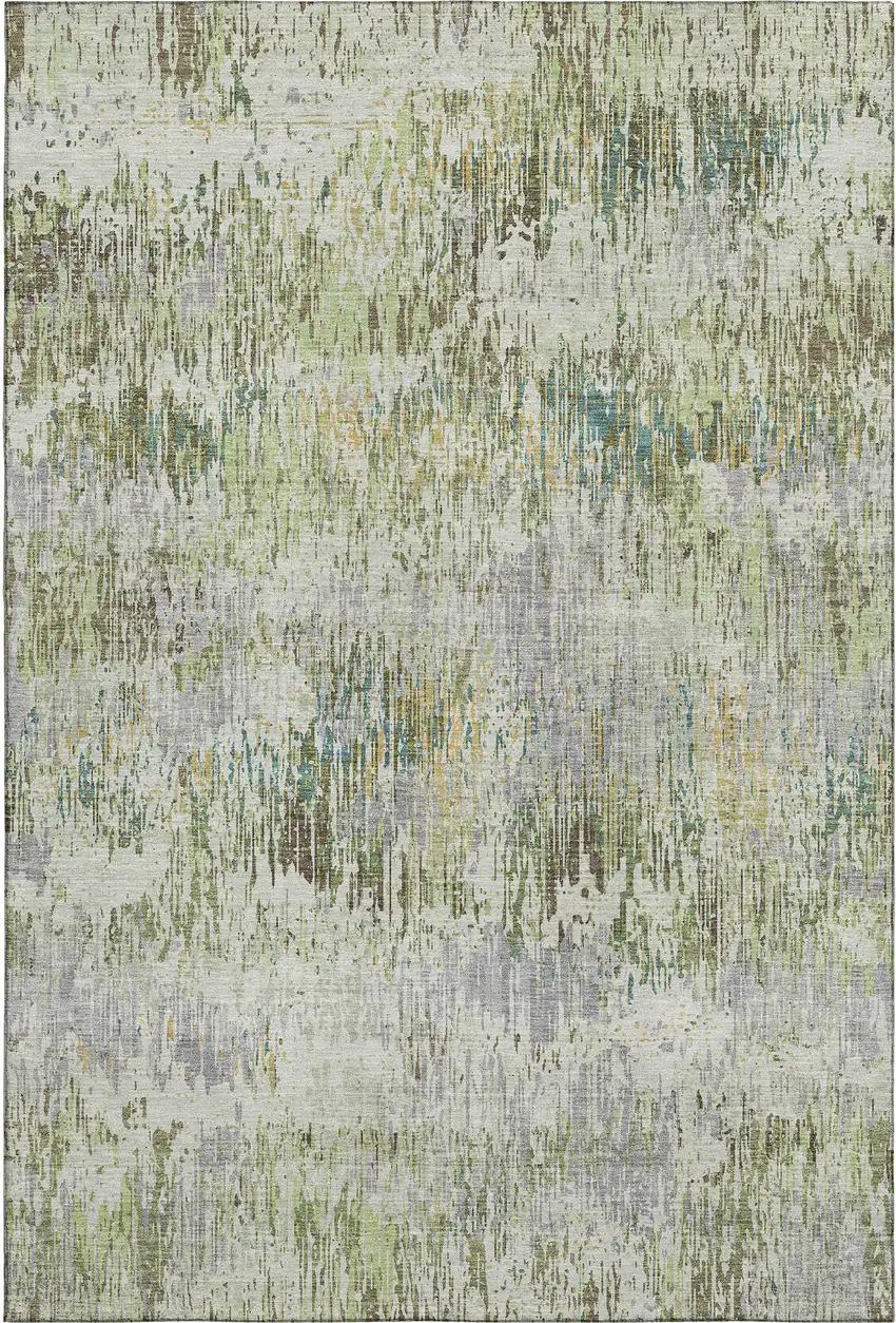 Artichoke Green Ivory And Gray Striped Washable Area Rug With UV Protection Photo 1