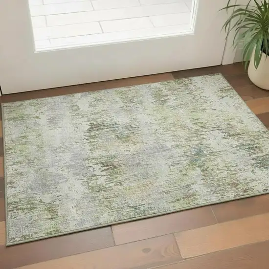 Artichoke Green Ivory And Gray Striped Washable Area Rug With UV Protection Photo 2