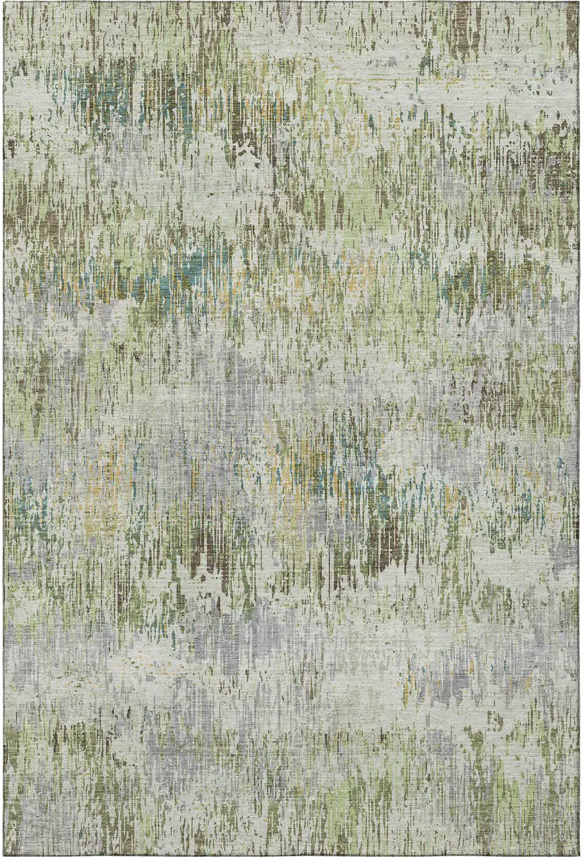 Artichoke Green Ivory And Gray Striped Washable Area Rug With UV Protection Photo 2