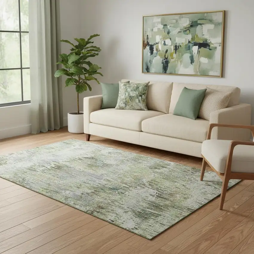 Artichoke Green Ivory And Gray Striped Washable Area Rug With UV Protection Photo 2