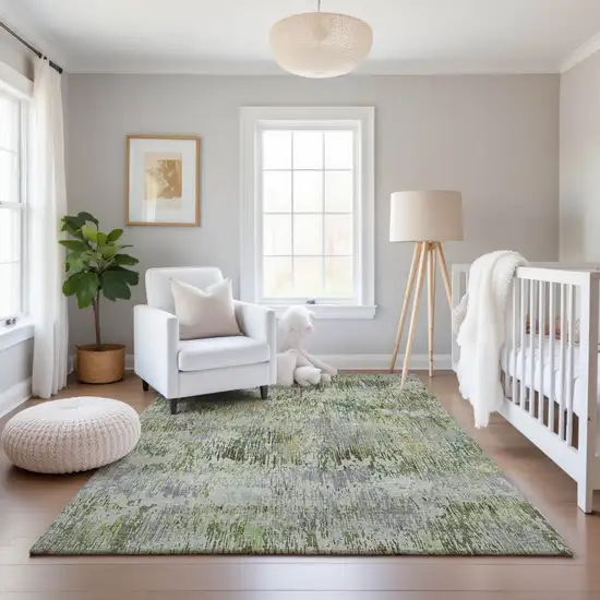 Artichoke Green Ivory And Gray Striped Washable Area Rug With UV Protection Photo 4