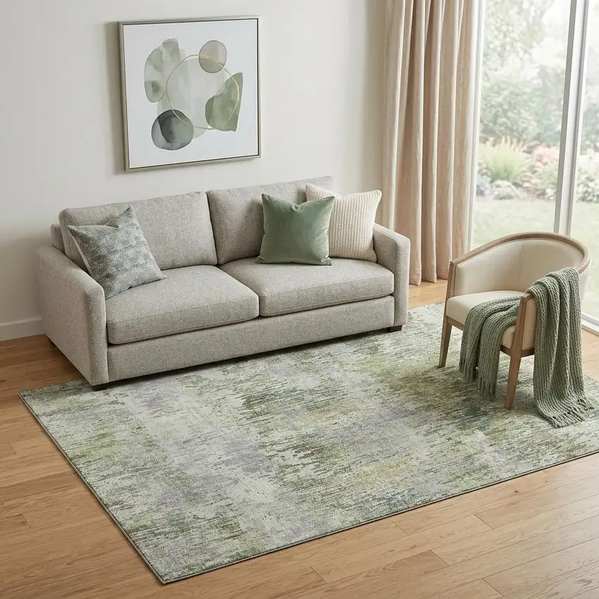 Artichoke Green Ivory And Gray Striped Washable Area Rug With UV Protection Photo 1