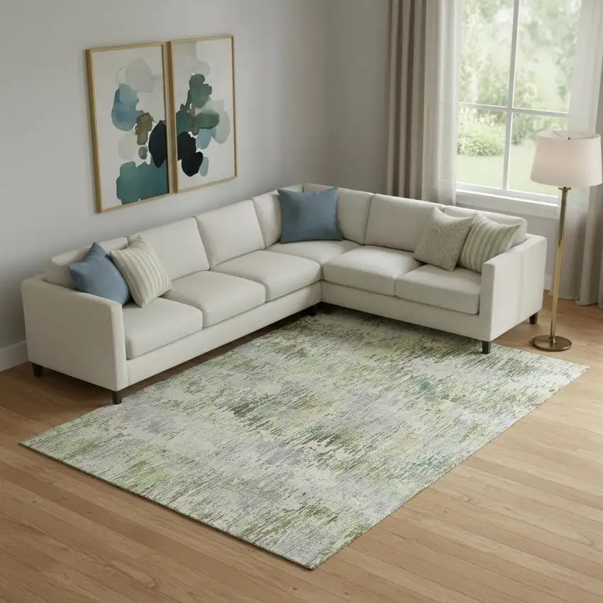 Artichoke Green Ivory And Gray Striped Washable Area Rug With UV Protection Photo 2