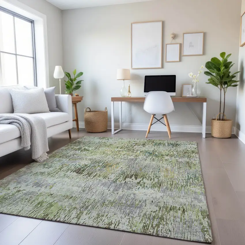 Artichoke Green Ivory And Gray Striped Washable Area Rug With UV Protection Photo 4