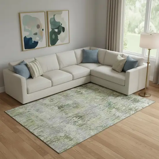 Artichoke Green Ivory And Gray Striped Washable Area Rug With UV Protection Photo 2