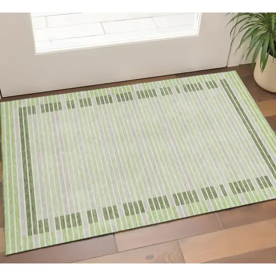 Artichoke Green Ivory And Gray Striped Washable Area Rug With UV Protection Photo 1