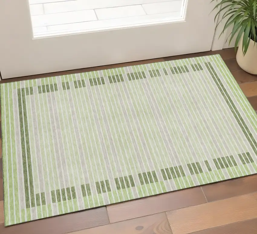 Artichoke Green Ivory And Gray Striped Washable Area Rug With UV Protection Photo 1