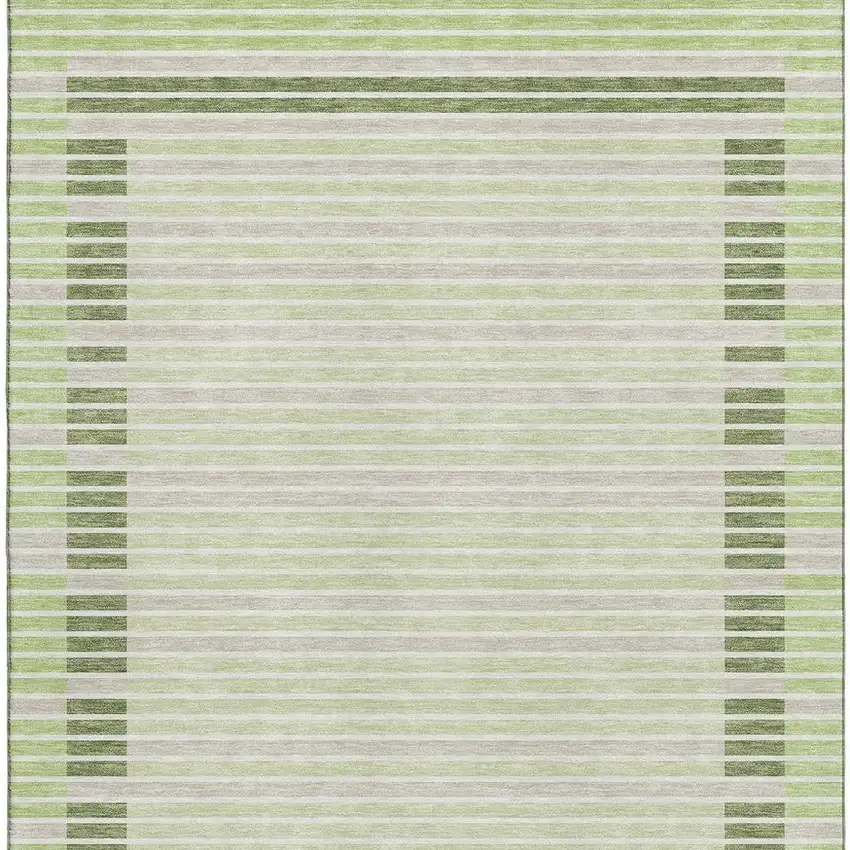 Artichoke Green Ivory And Gray Striped Washable Area Rug With UV Protection Photo 2