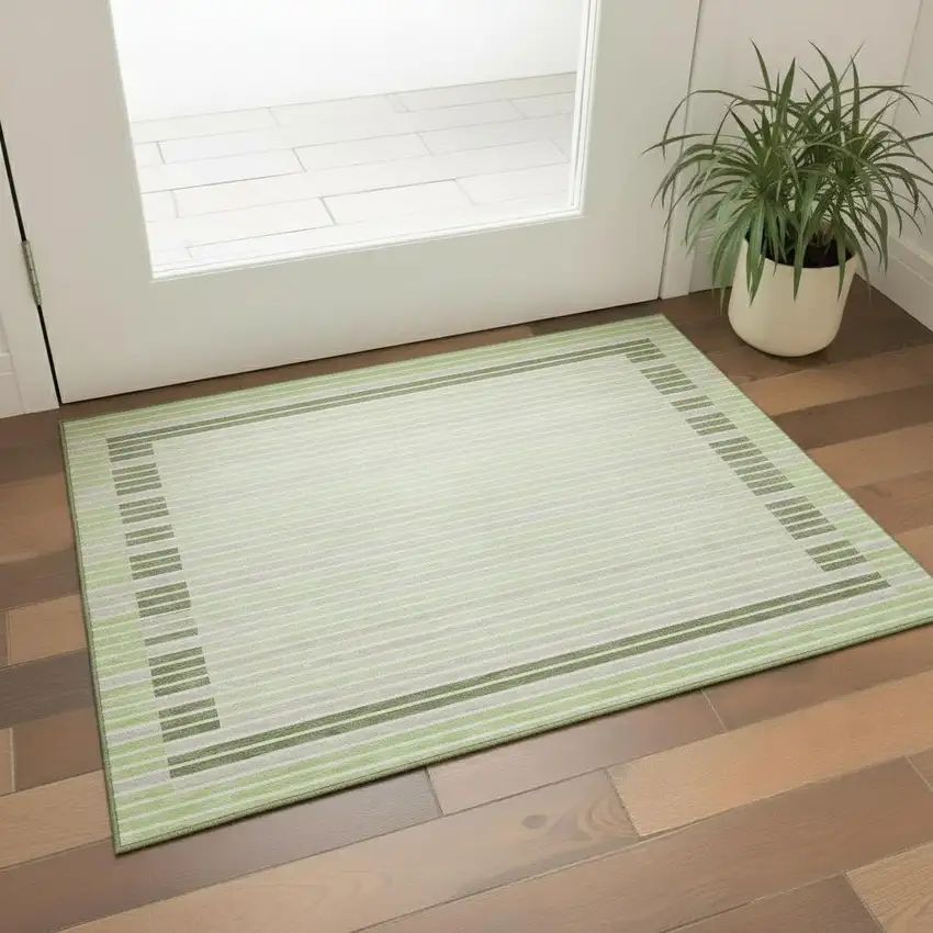 Artichoke Green Ivory And Gray Striped Washable Area Rug With UV Protection Photo 2