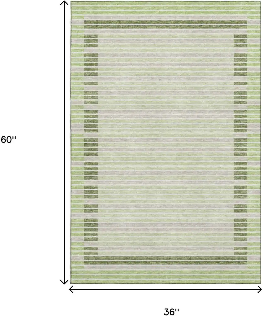 Artichoke Green Ivory And Gray Striped Washable Area Rug With UV Protection Photo 3