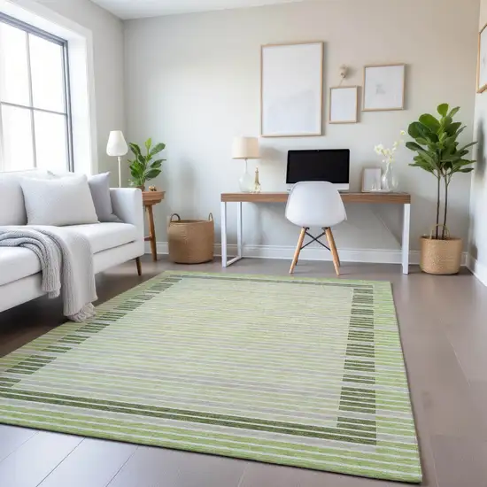 Artichoke Green Ivory And Gray Striped Washable Area Rug With UV Protection Photo 4
