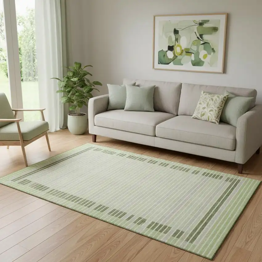 Artichoke Green Ivory And Gray Striped Washable Area Rug With UV Protection Photo 2