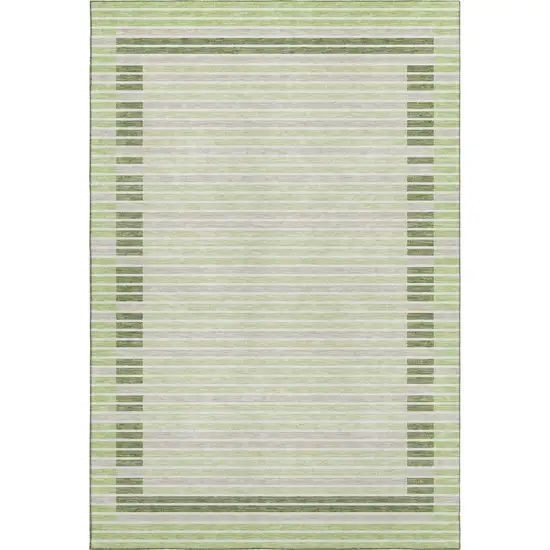 Artichoke Green Ivory And Gray Striped Washable Area Rug With UV Protection Photo 1