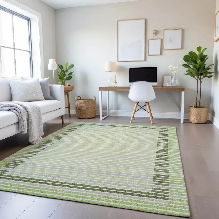 Artichoke Green Ivory And Gray Striped Washable Area Rug With UV Protection Photo 4